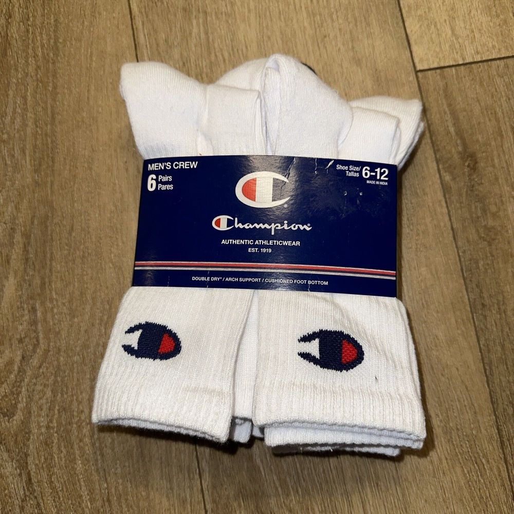 Champion Men's Double Dry Moisture Wicking Logo 6-Pack Crew‎ White Size 6-12